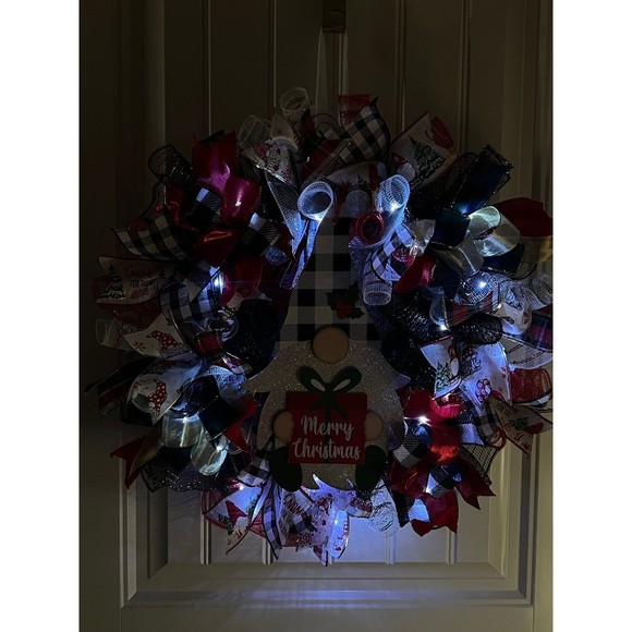 Handmade Merry Christmas Gnome Holiday Ribbon Door Wreath 22 ins W46 - Picture 10 of 11